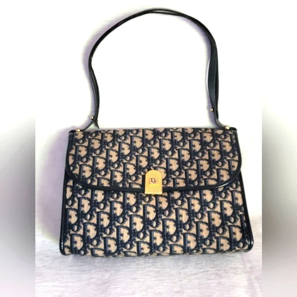 Auth 💞Christian Dior Vintage Navy Jacquard Shoulder Bag W/Adjustable Strap - Picture 2 of 14